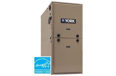 York furnace with Energy Star logo. Tan, metal cabinet.