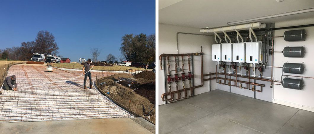 Construction site with concrete work, next to an indoor mechanical room with boilers and pipes.