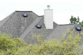 Gray roof with three circular skylights and a white chimney; trees in foreground.