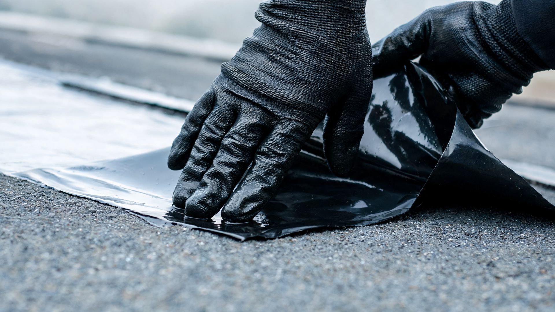 Gloved waterproofing contractor installing a black membrane on a commercial building. Gloved waterproofing contractor installing a black membrane on a commercial building.