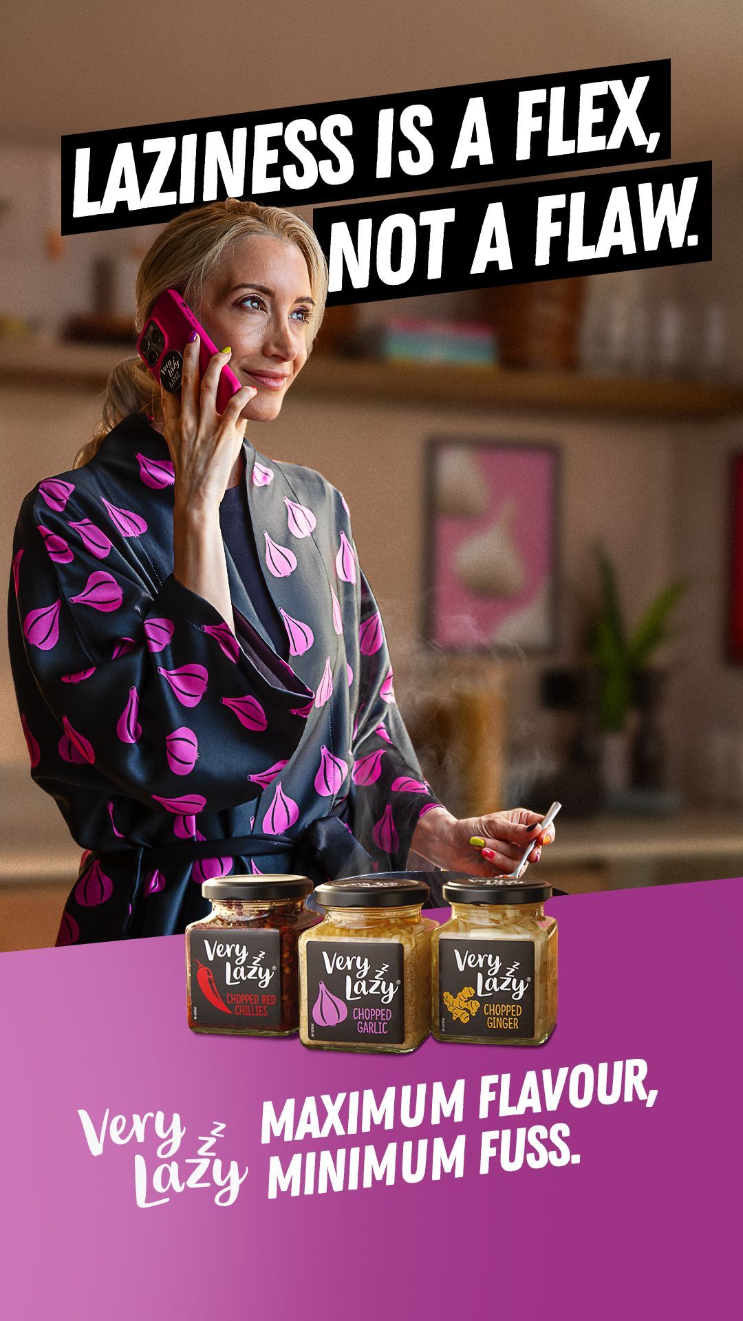 Woman on phone in robe with jars of 