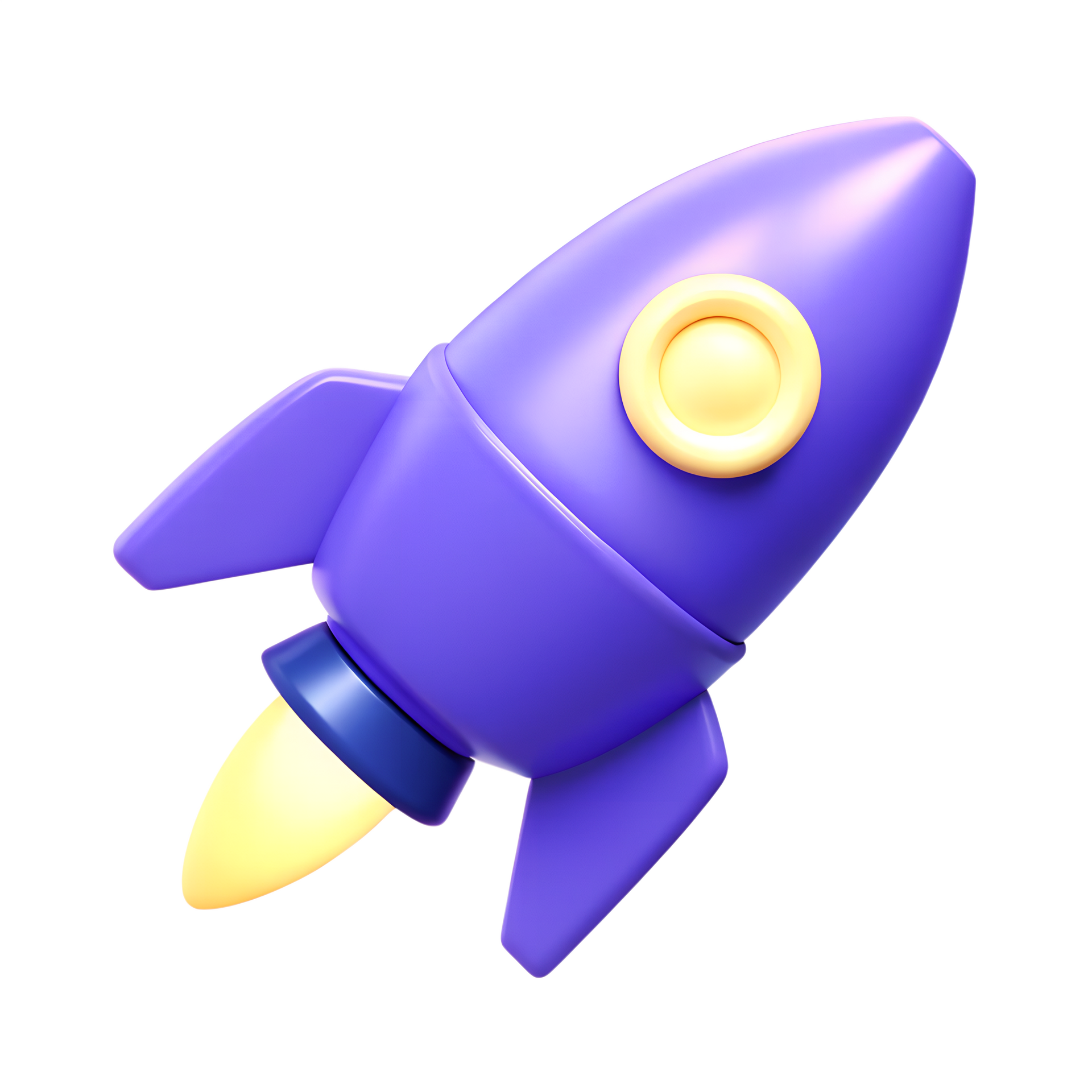 A purple rocket with a yellow nose cone is flying through the air.