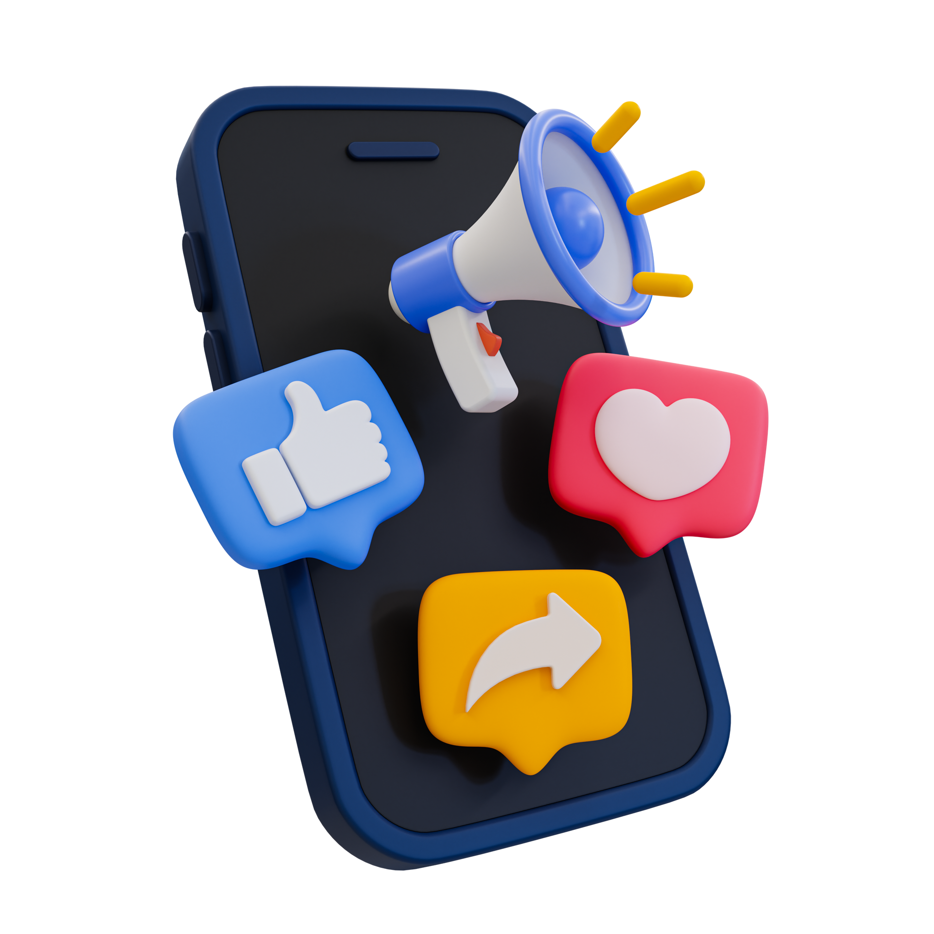 A cell phone with a megaphone and social media icons on it.