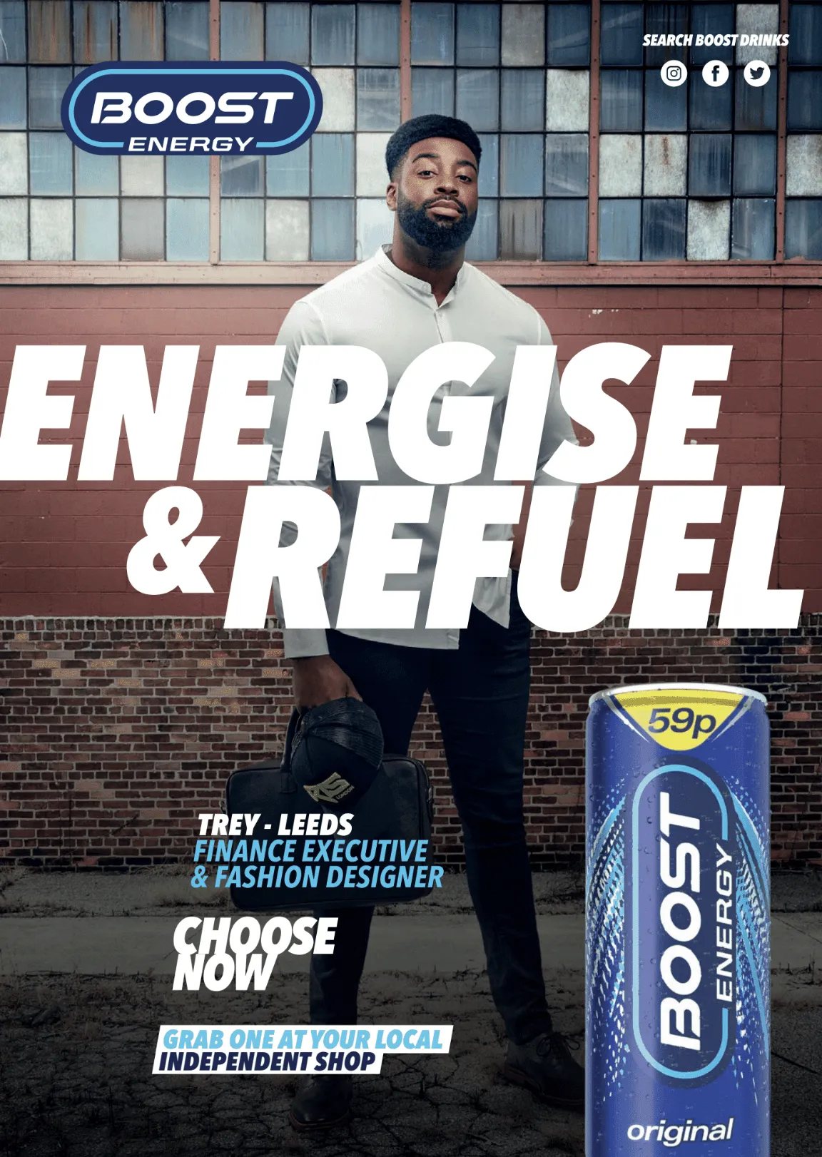 A man is standing next to a can of boost energy drink.