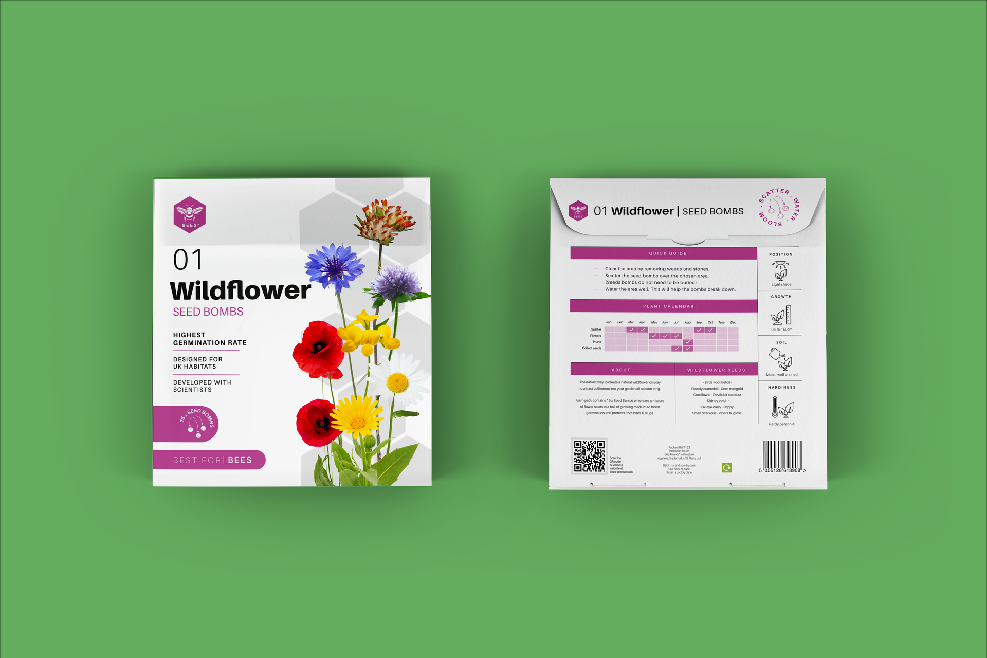 The front and back of a box of wildflower seeds on a green background.