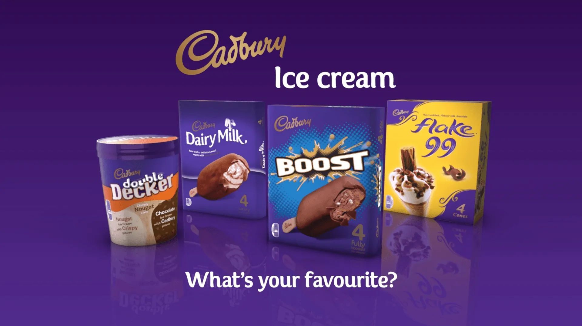 Cadbury ice cream products are displayed on a purple background