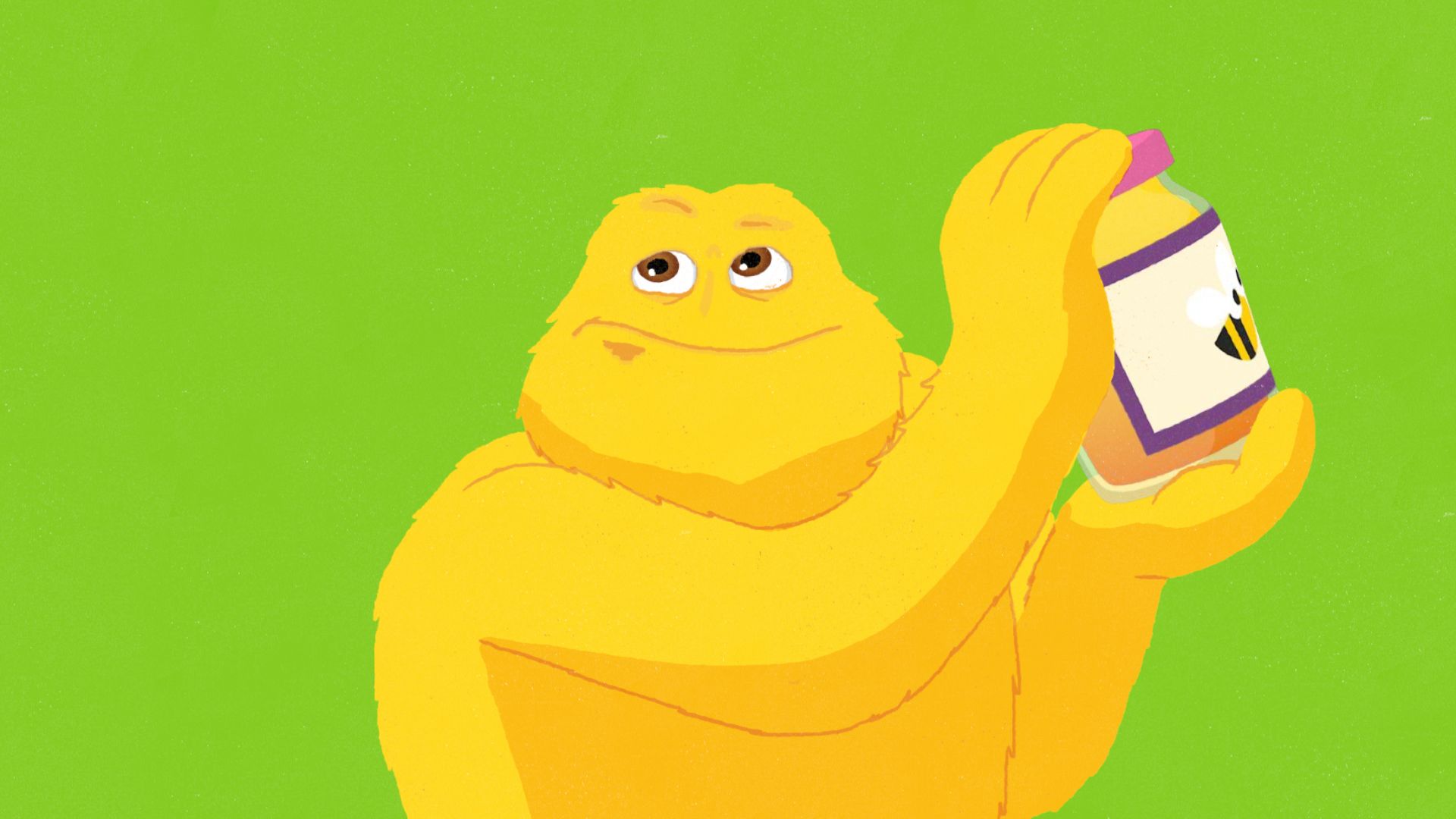 A yellow cartoon character is holding a bottle of honey.