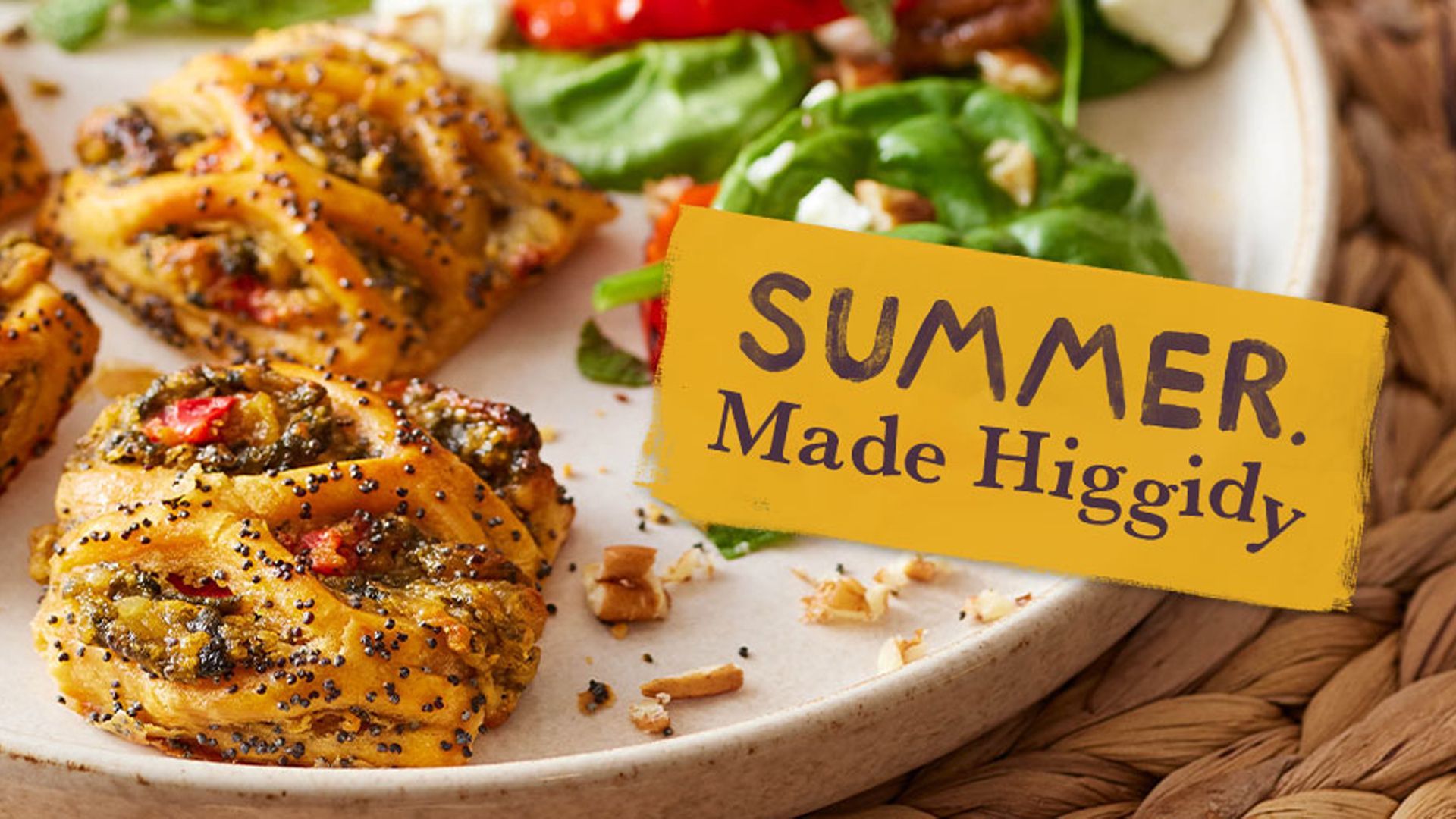 A plate of food with a sign that says summer made higgly.