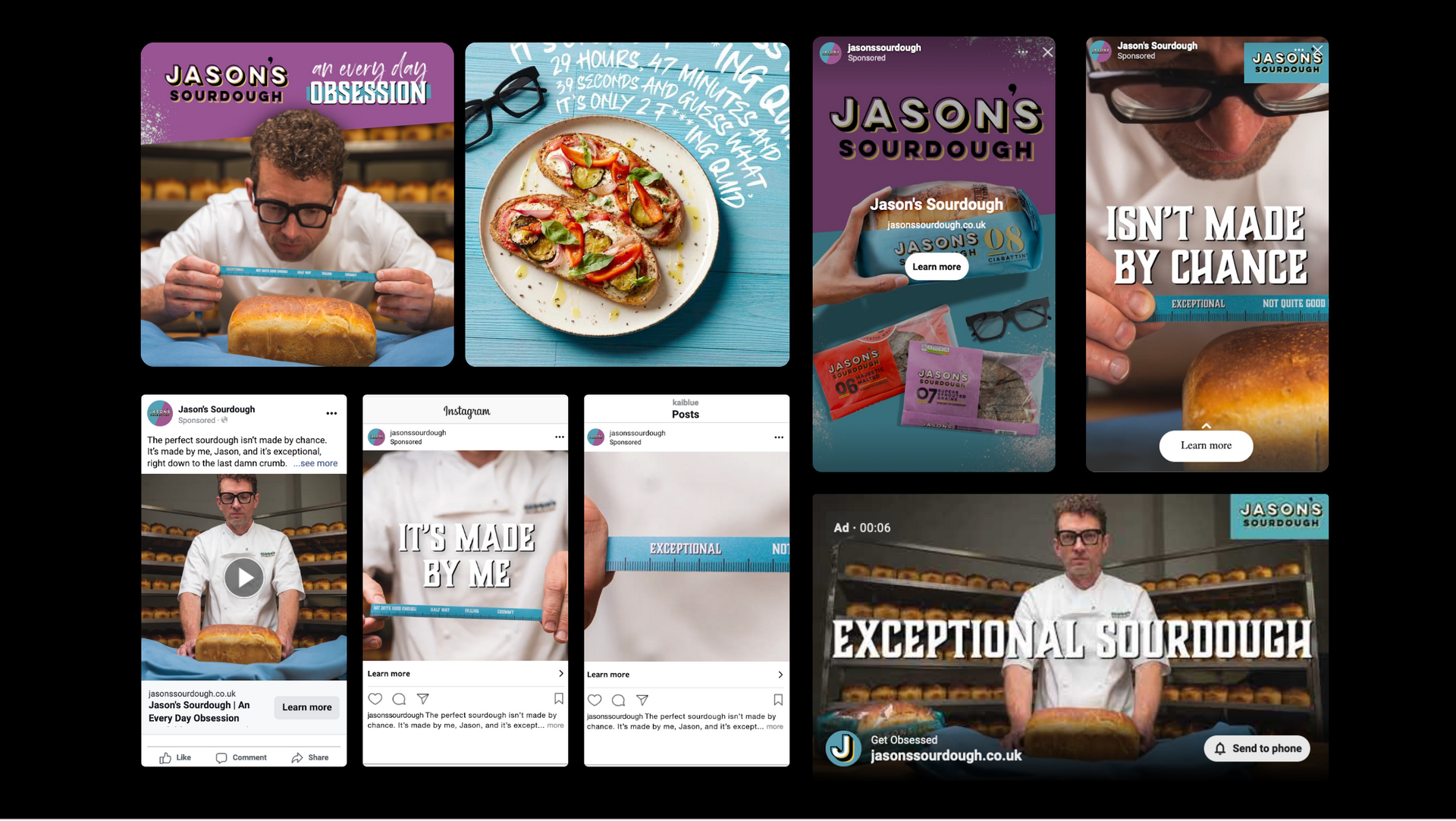 A collage of images of a man eating bread.