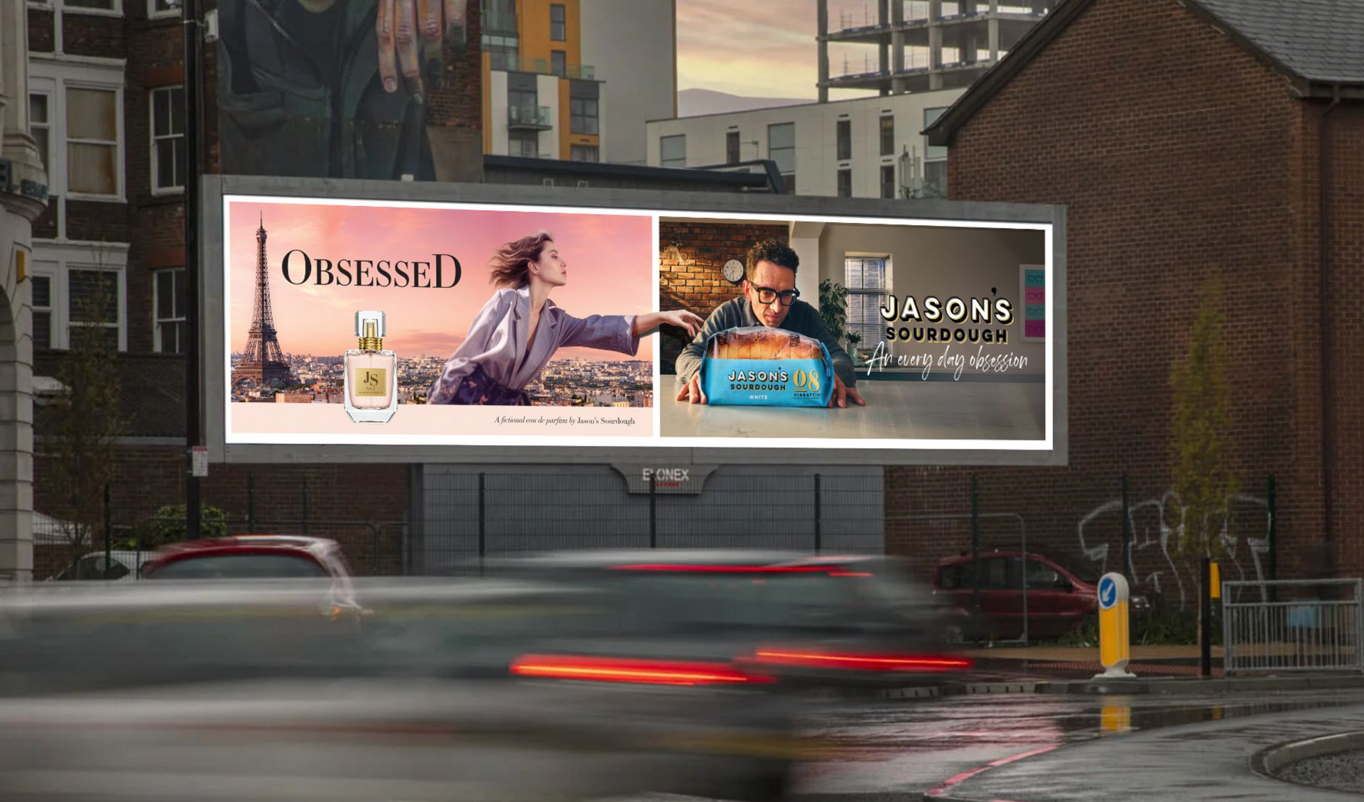 Billboard with perfume ad featuring a woman in Paris, and an ad for
