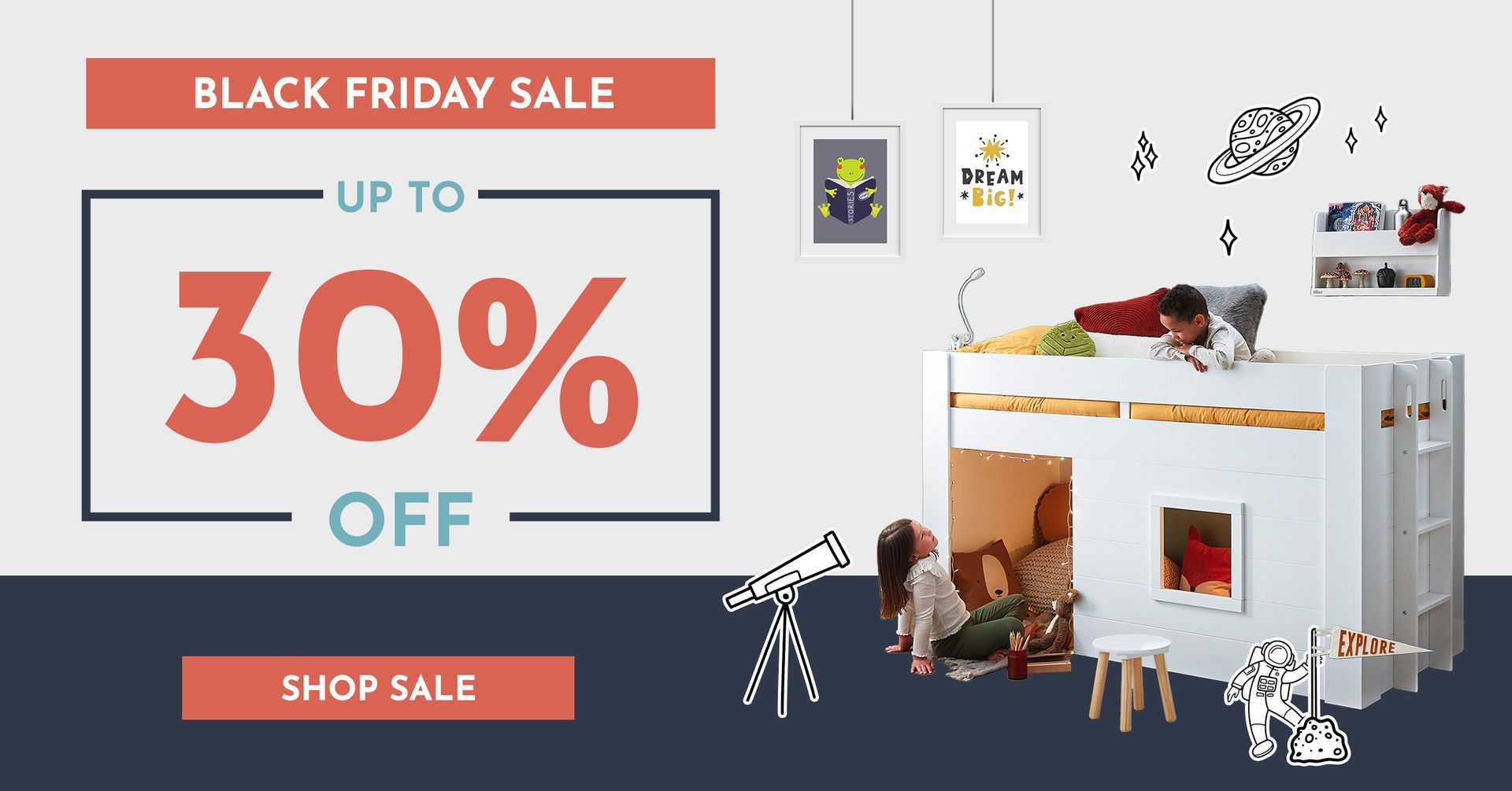 A black friday sale with up to 30 % off on children 's furniture.