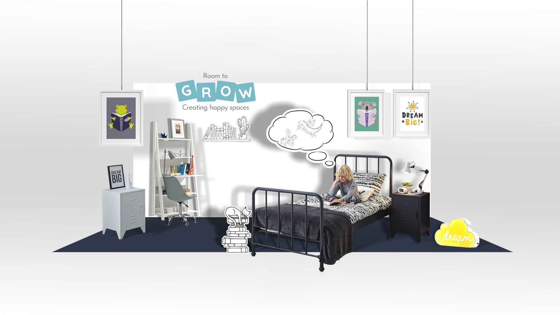 A 3d rendering of a child 's bedroom with two beds and a desk.