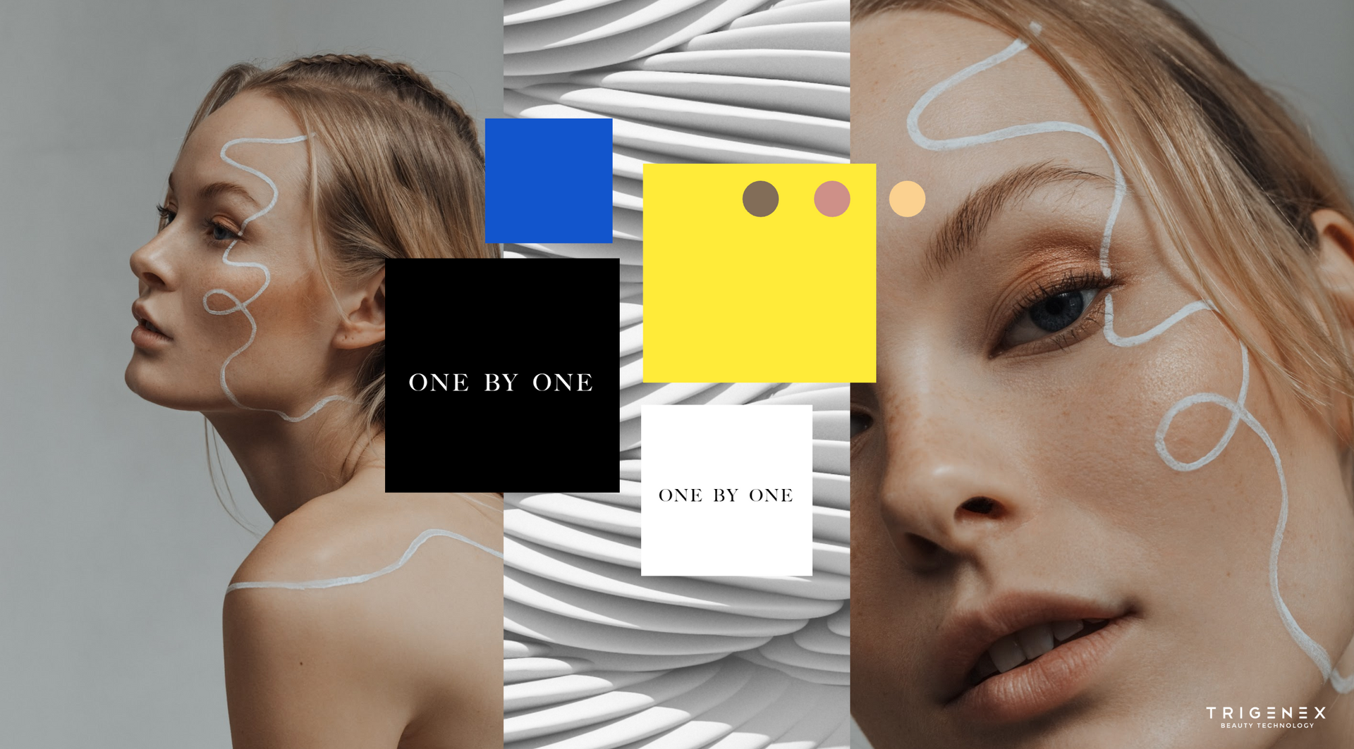 A woman 's face is surrounded by a collage of different colored squares.