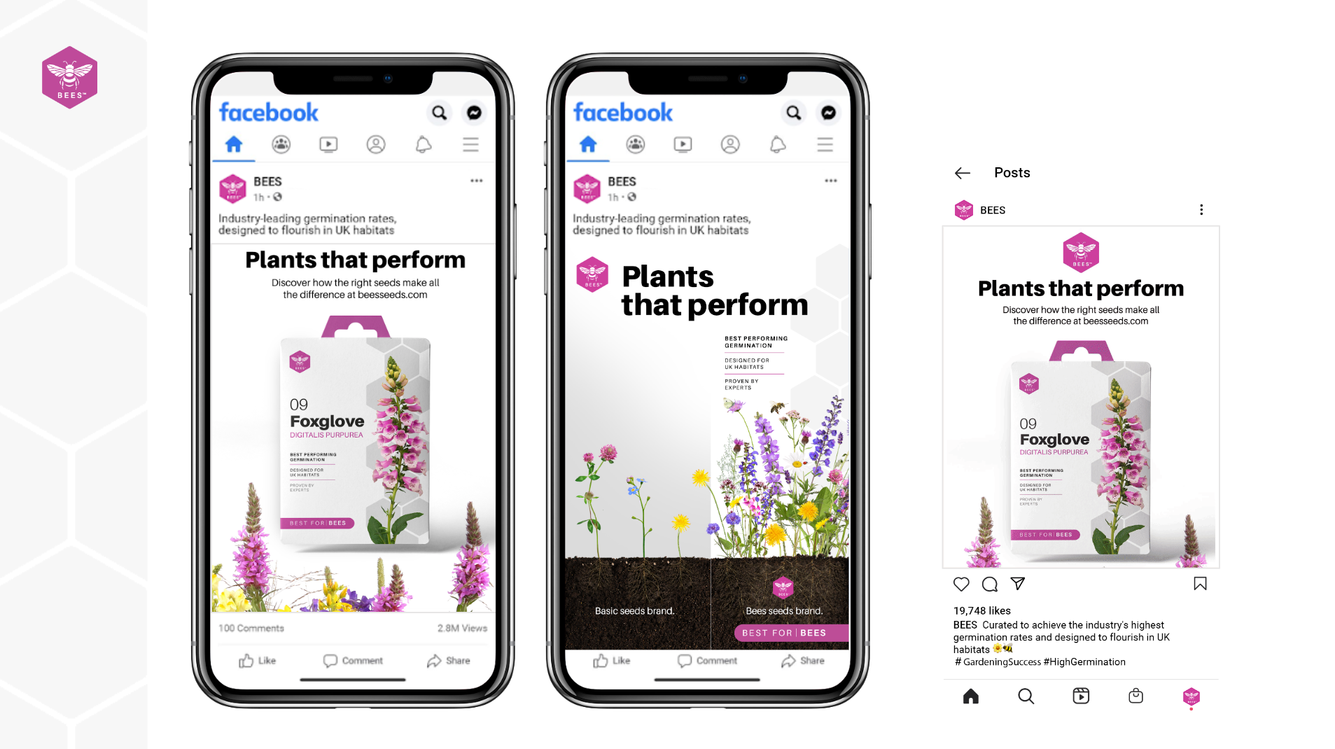 Three phones are displaying a facebook ad for plants that perform.