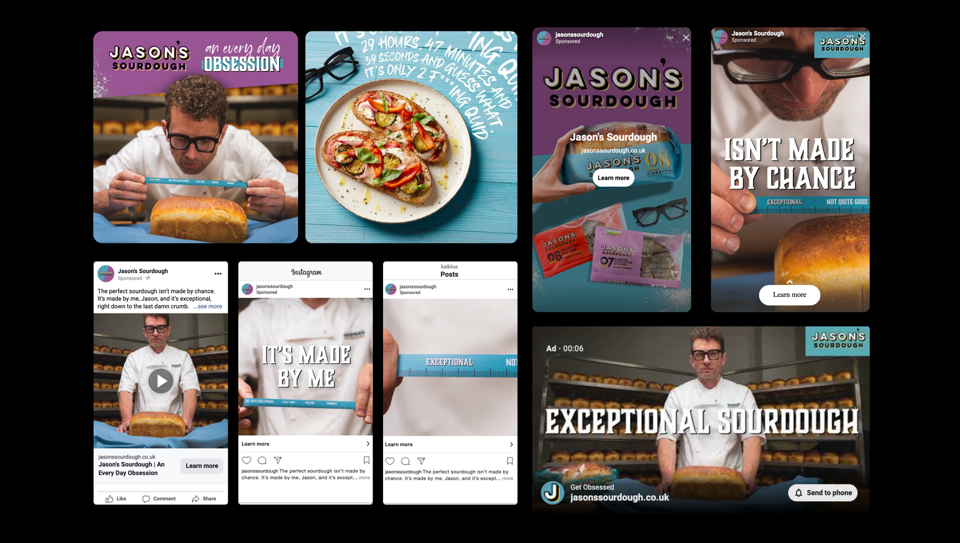 A collage of images of a man eating a pizza and a bun.