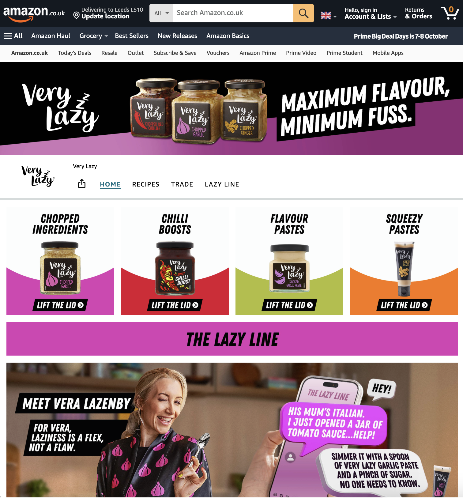 Amazon webpage for Very Lazy products: jars, pastes, and Vera Lazenby promoting easy cooking.