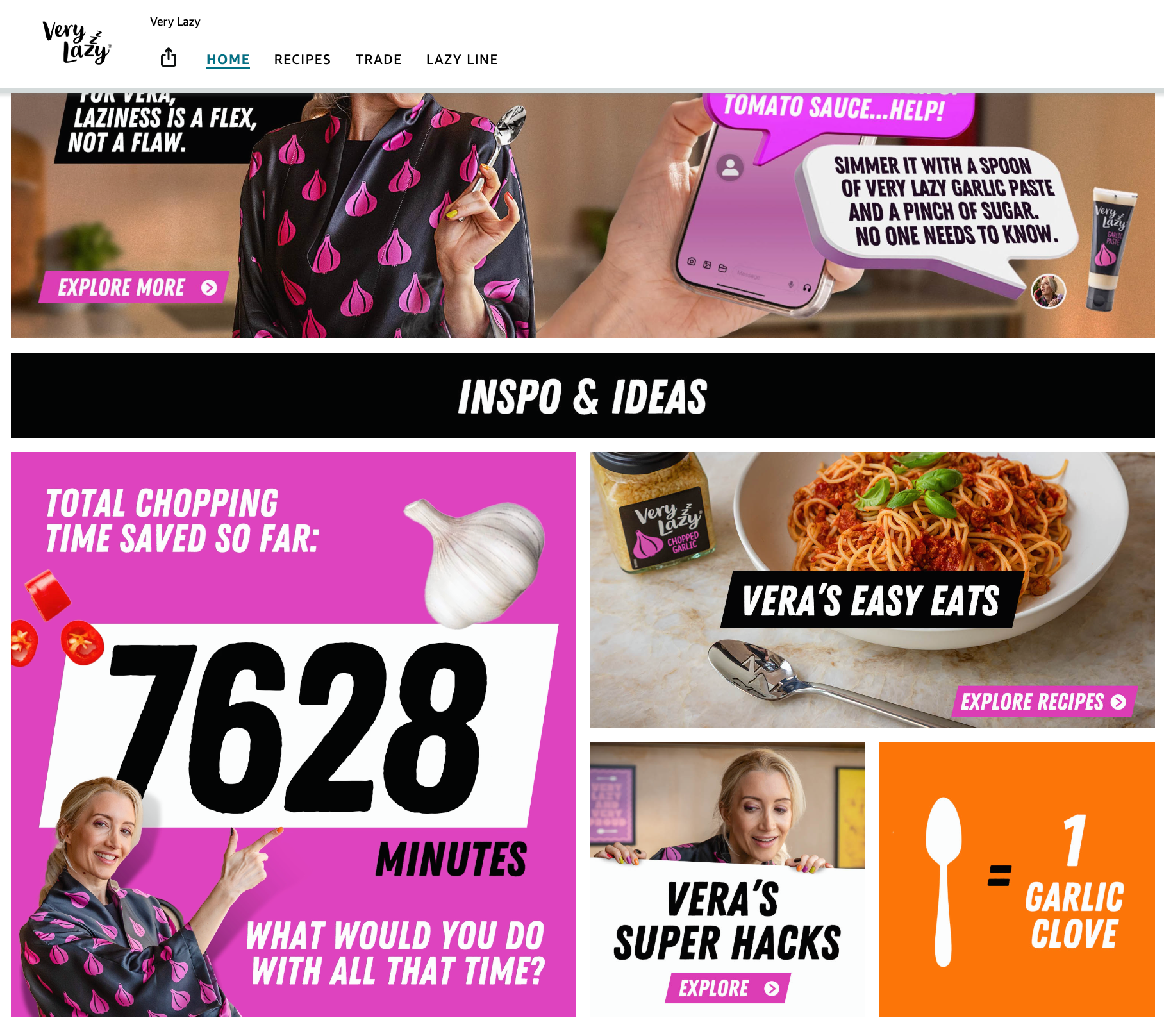 Website promoting a garlic product. Features woman, pasta, infographic with saved time, and a garlic clove.