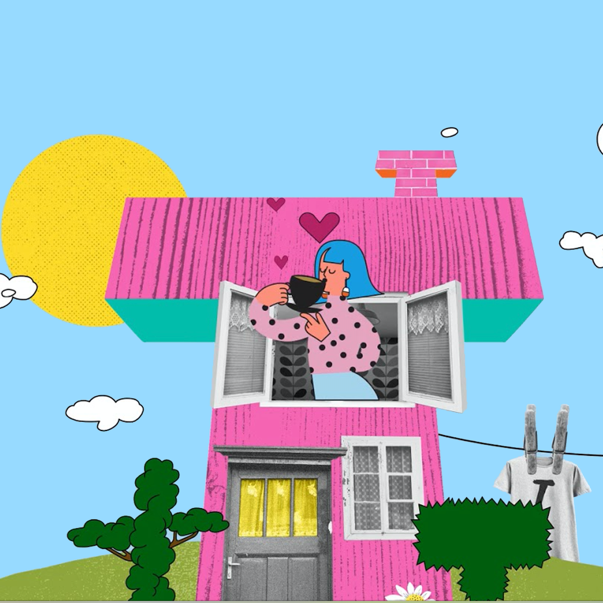 A cartoon of a woman drinking coffee from a pink house
