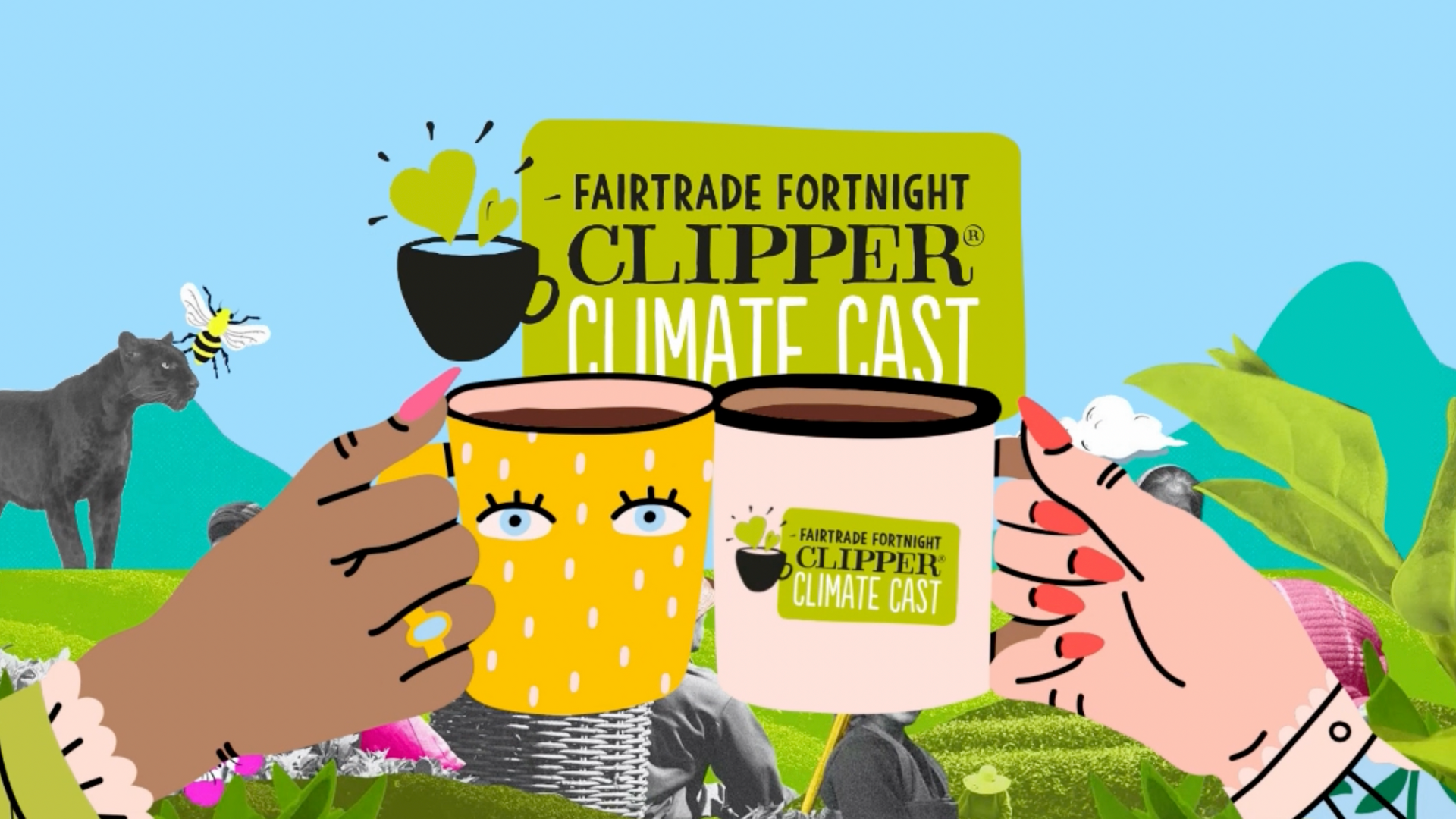 A person is holding two cups of coffee in front of a sign that says fairtrade fortnight clipper climate cast.