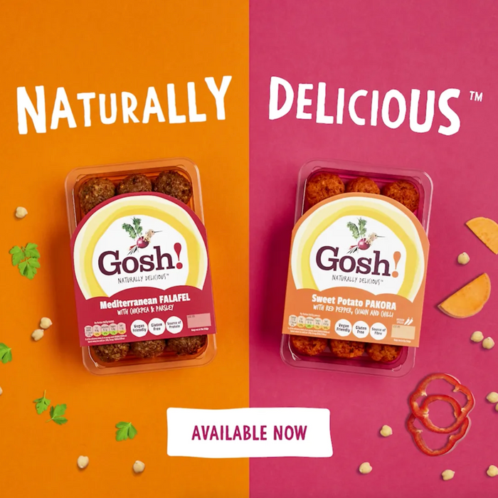Two packages of gosh food on a red and orange background