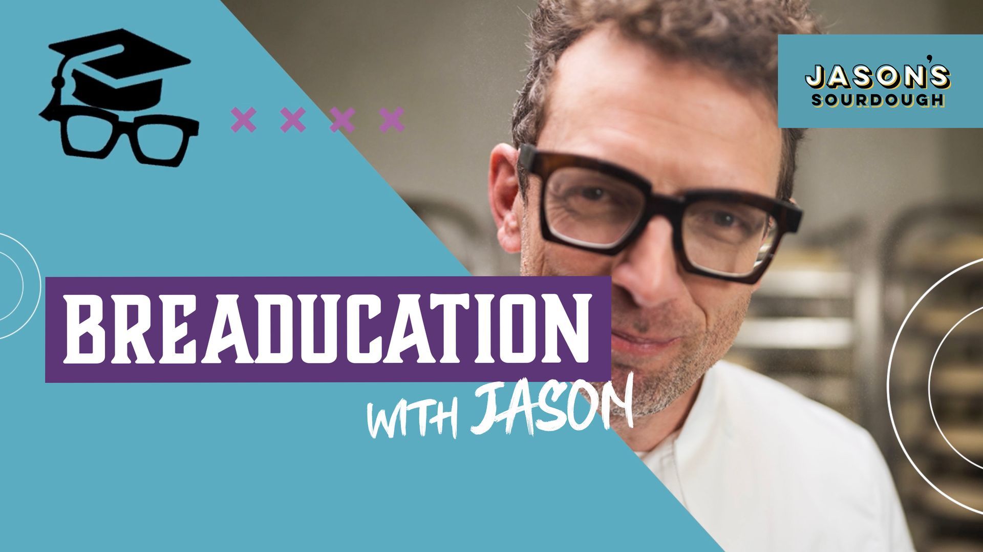 A man wearing glasses stands in front of a sign that says breadeducation with jason