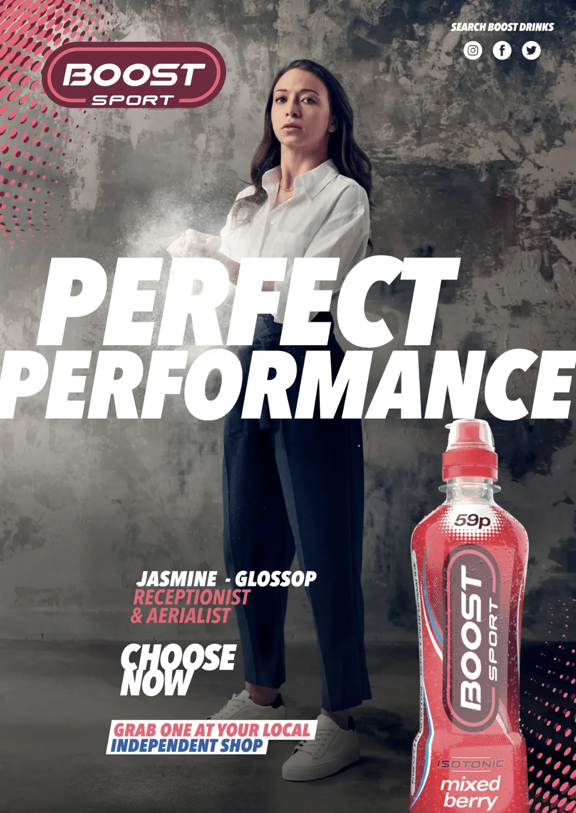 A woman is standing next to a bottle of boost sport.