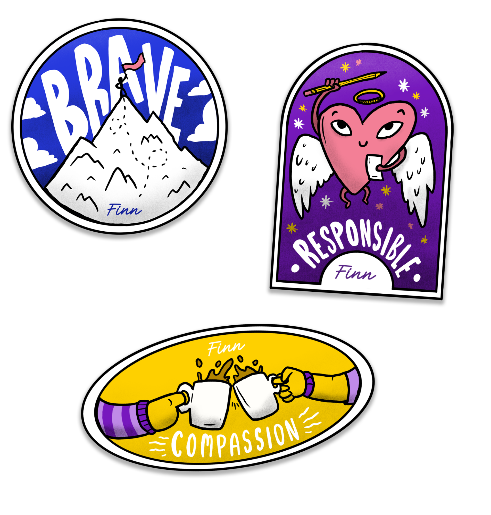 Three stickers with the words brave responsible and compassion on them