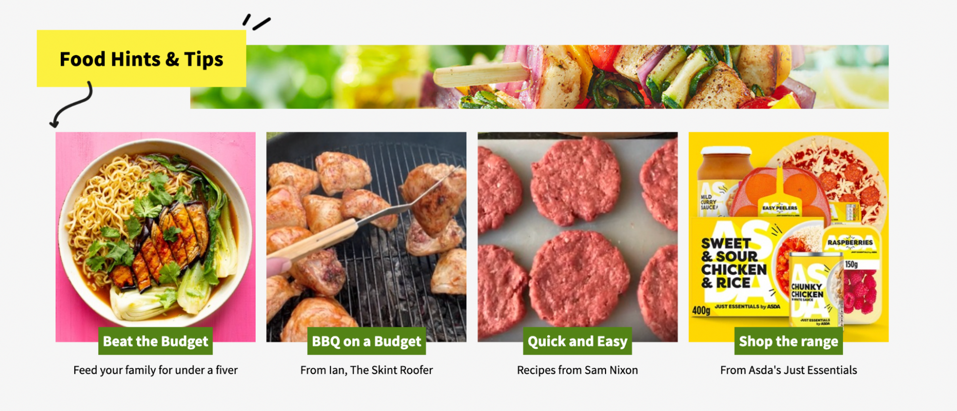 A screenshot of a website showing a variety of food items and tips.