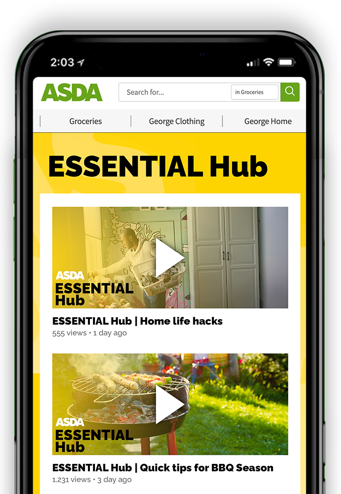 A cell phone with the asda essential hub app open on it.