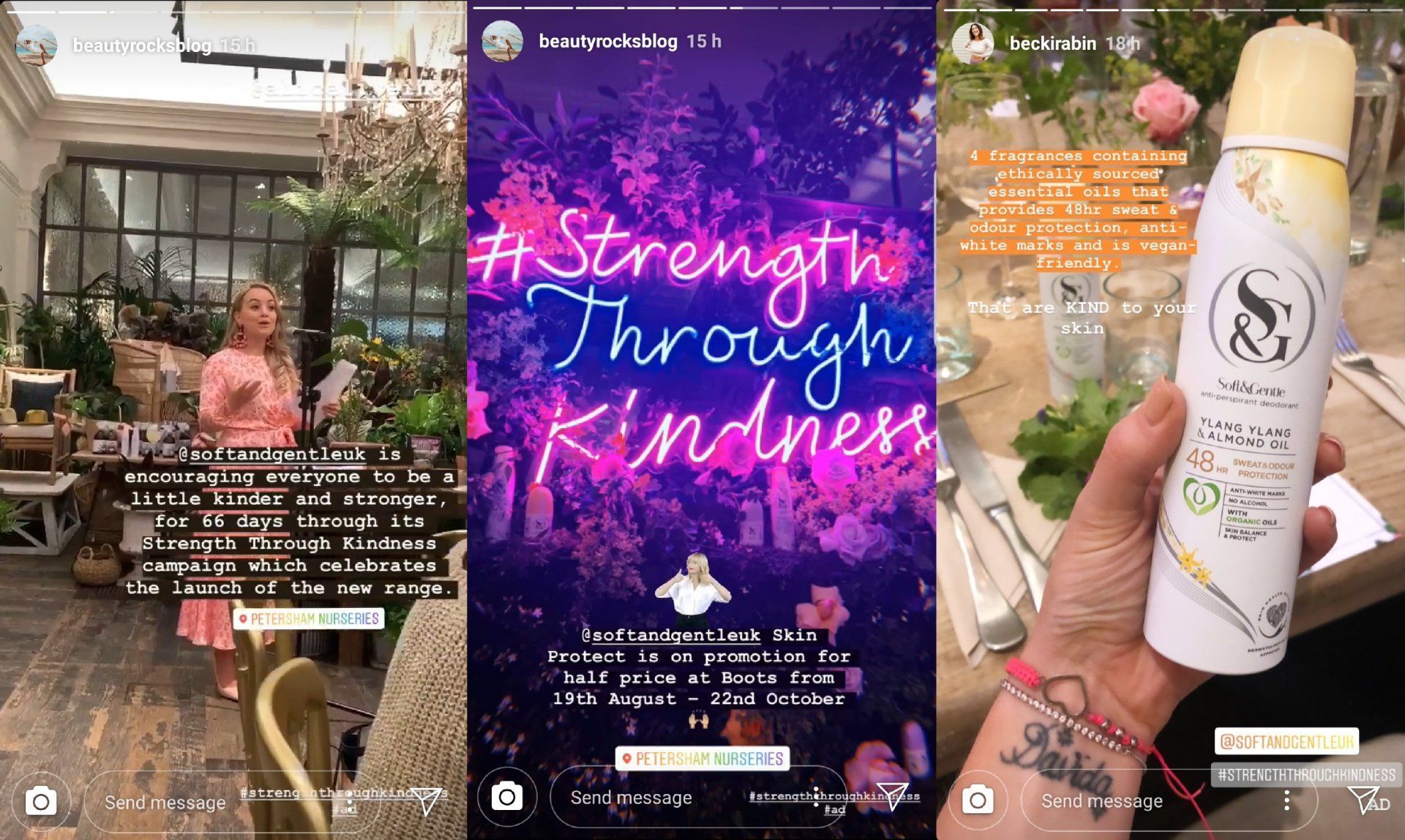 A woman is standing in front of a sign that says strength through kindness.