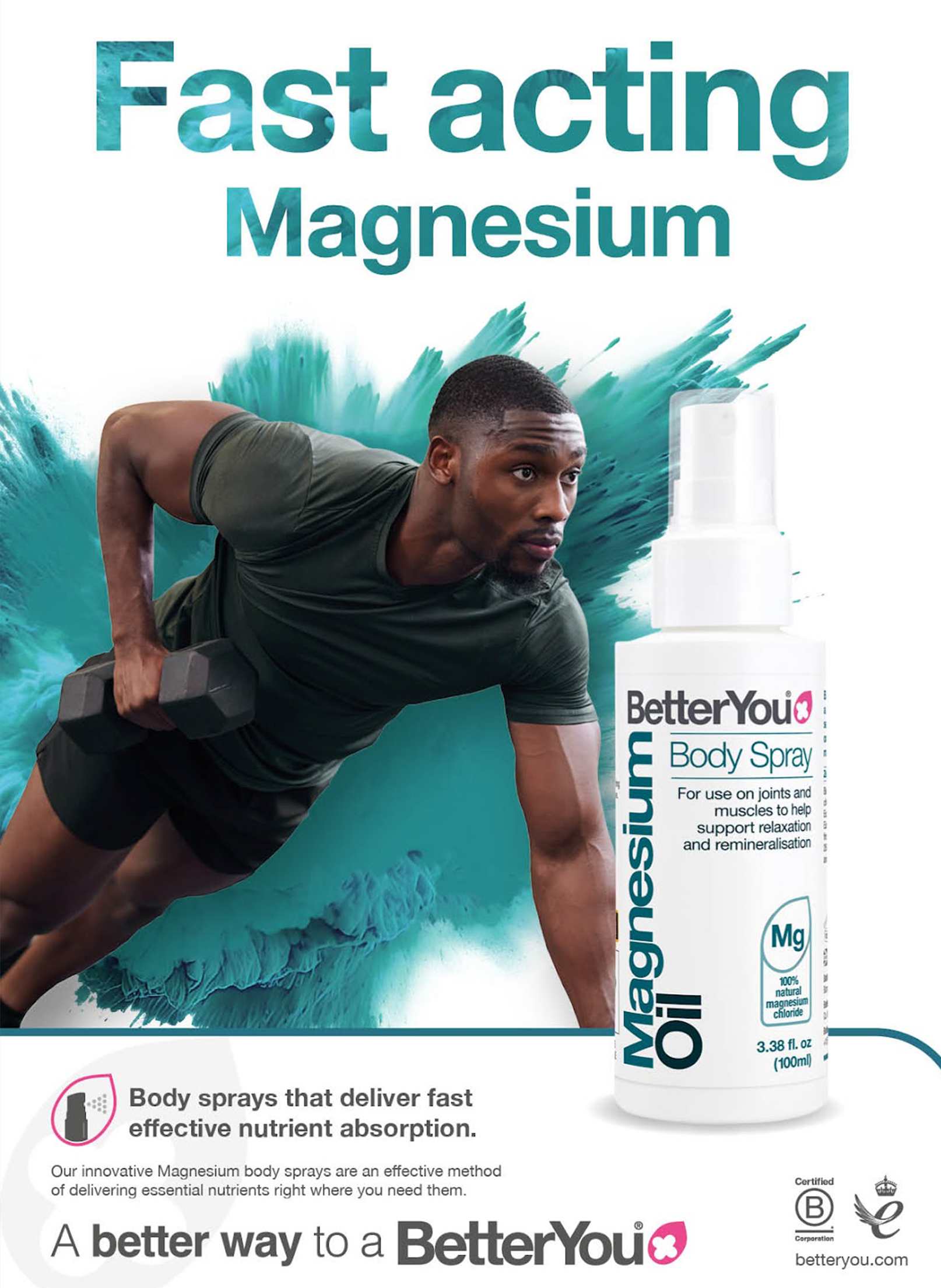 A man is lifting a dumbbell on a poster for fast acting magnesium oil.