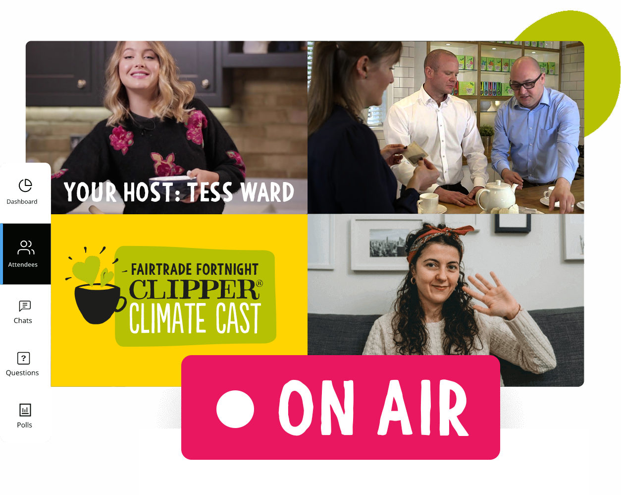 A collage of images with a button that says on air