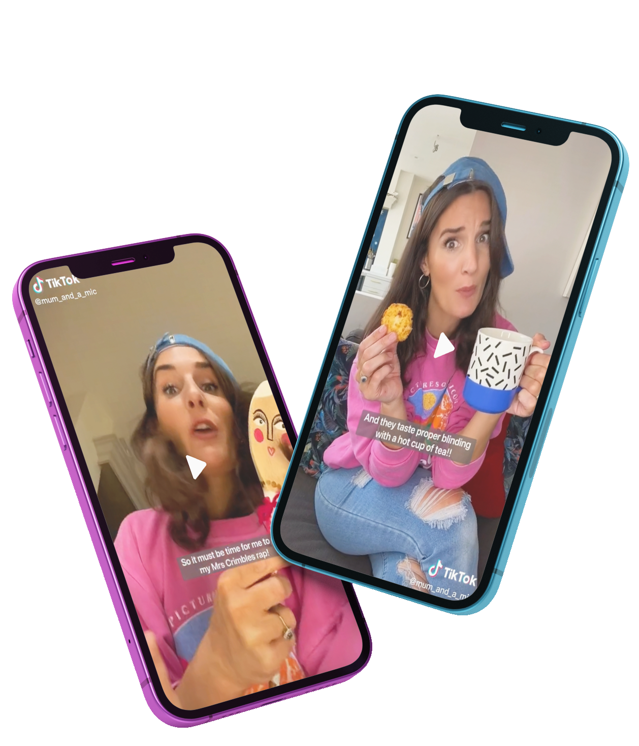 Two phones with a woman holding a cup and a cookie on the screen.