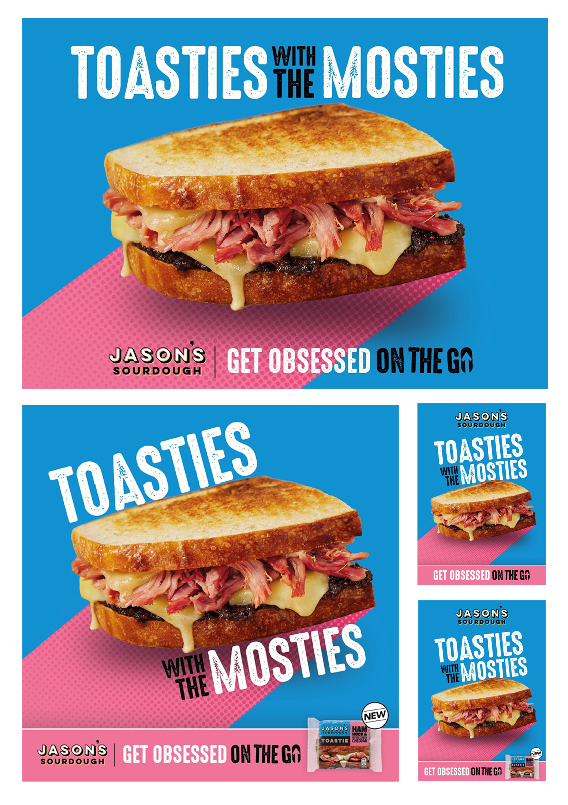 A sandwich with meat and cheese is on a blue and pink background.