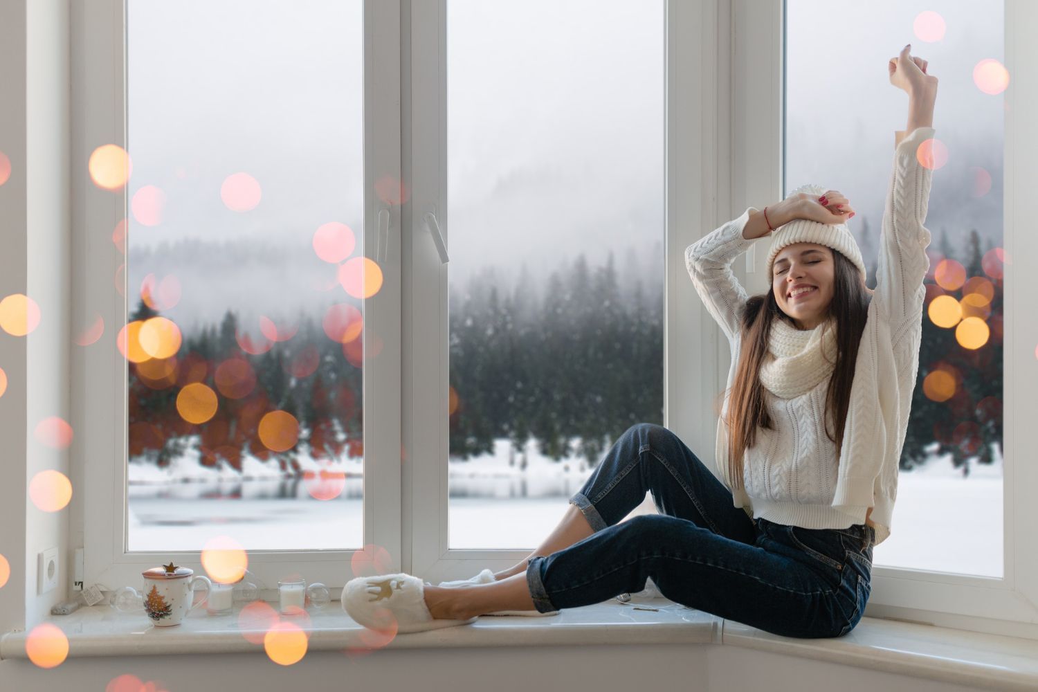 Woman in winter clothes smiles, sits on windowsill with raised arm, snow scene outside.