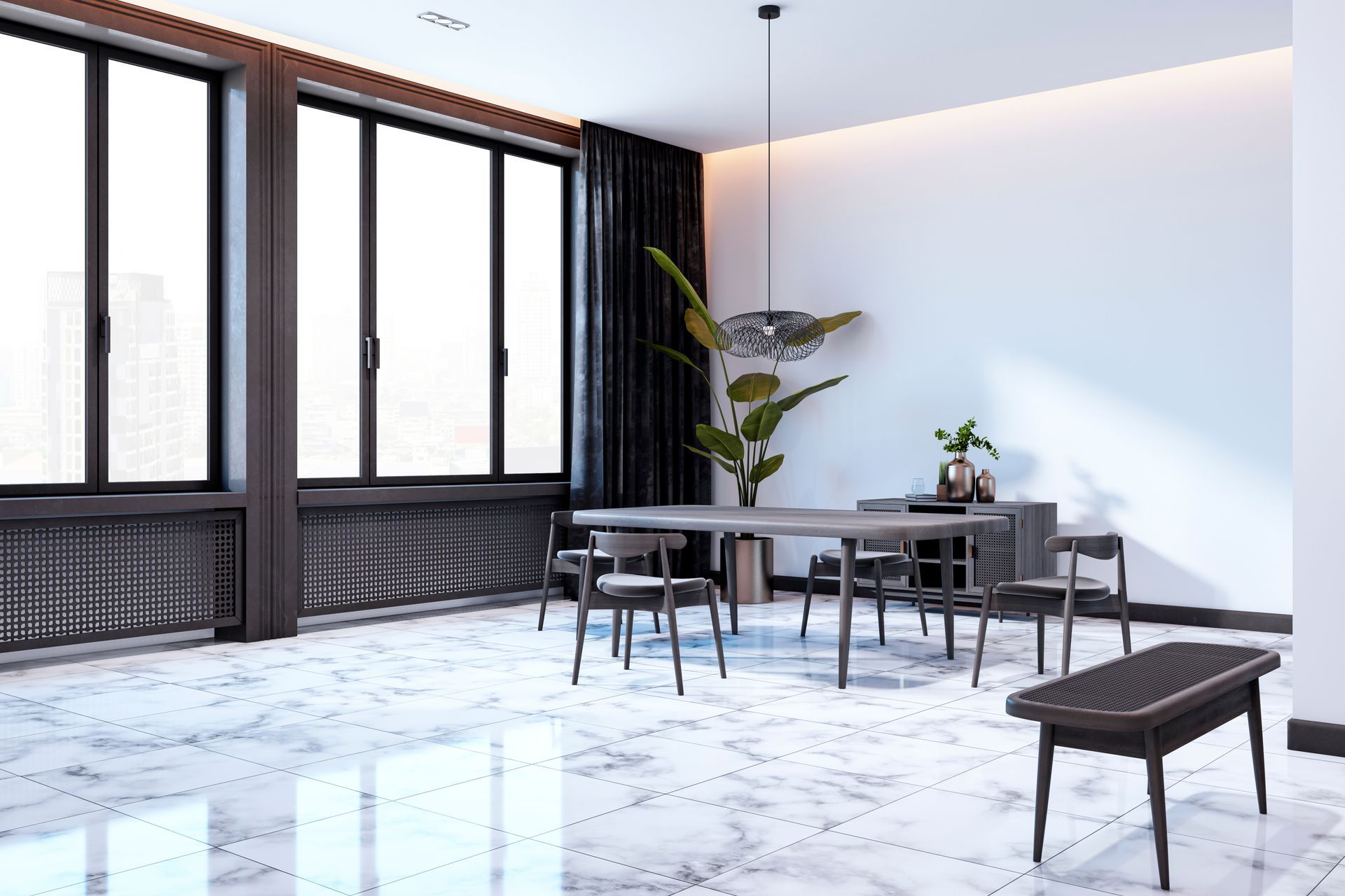 Modern dining room with a long table, chairs, and large windows. Marble floors and black accents.