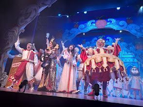 A group of people in costumes are standing on a stage.