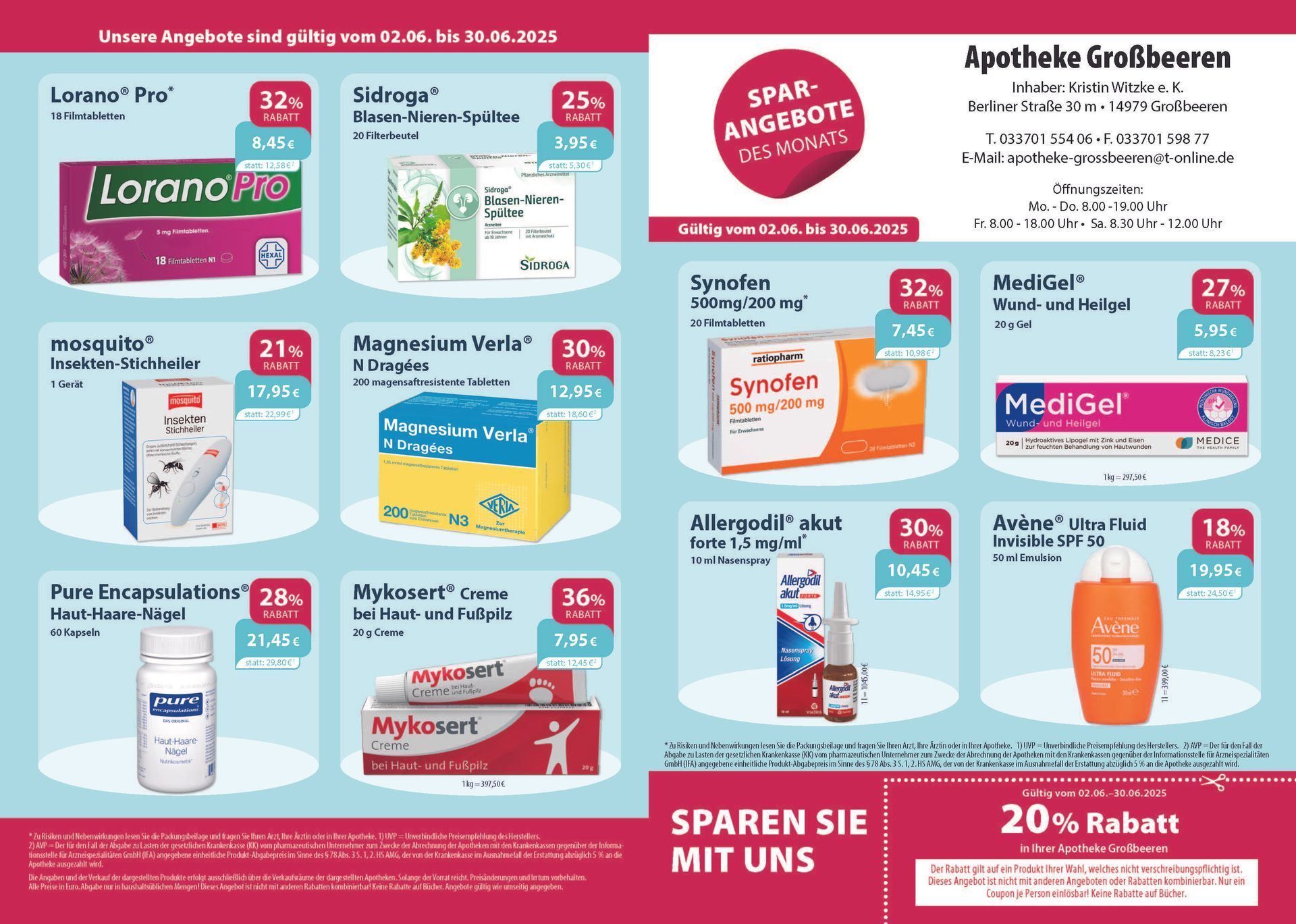 Ein Flyer für eine Apotheke mit einem Coupon, der 20 % Rabatt sagt