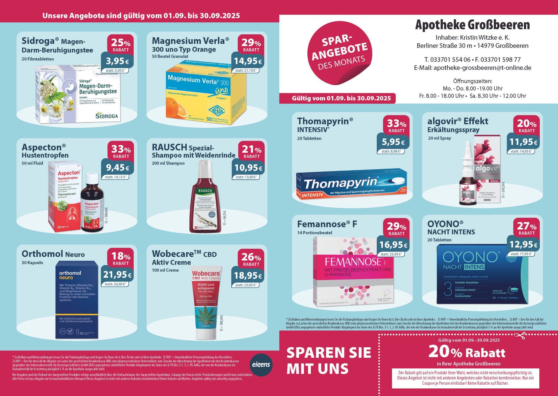 Ein Flyer für eine Apotheke mit einem Coupon, der 20 % Rabatt sagt