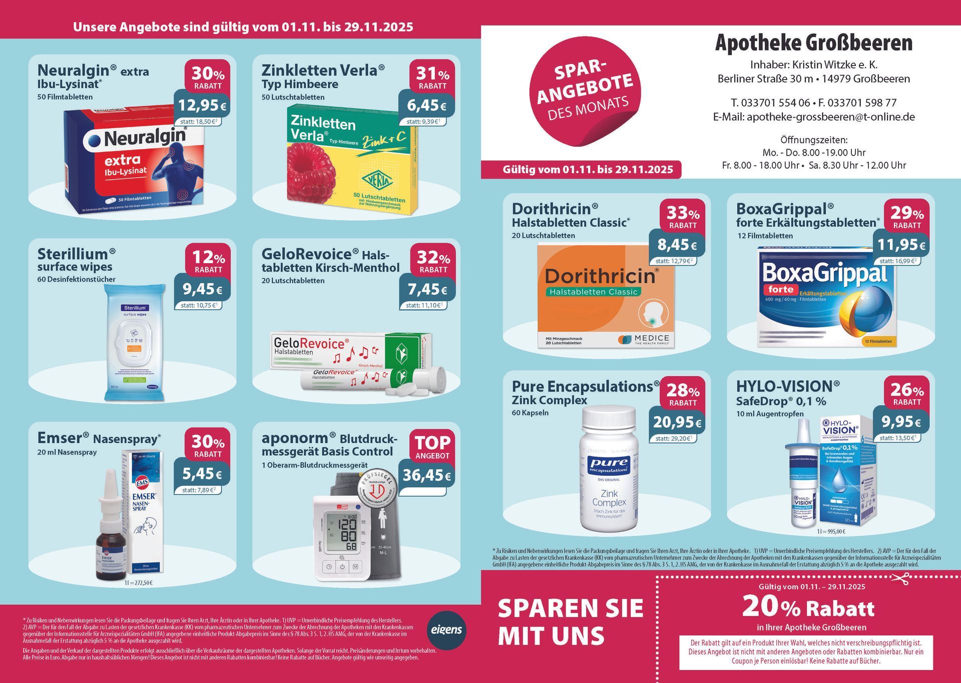 Ein Flyer für eine Apotheke mit einem Coupon, der 20 % Rabatt sagt