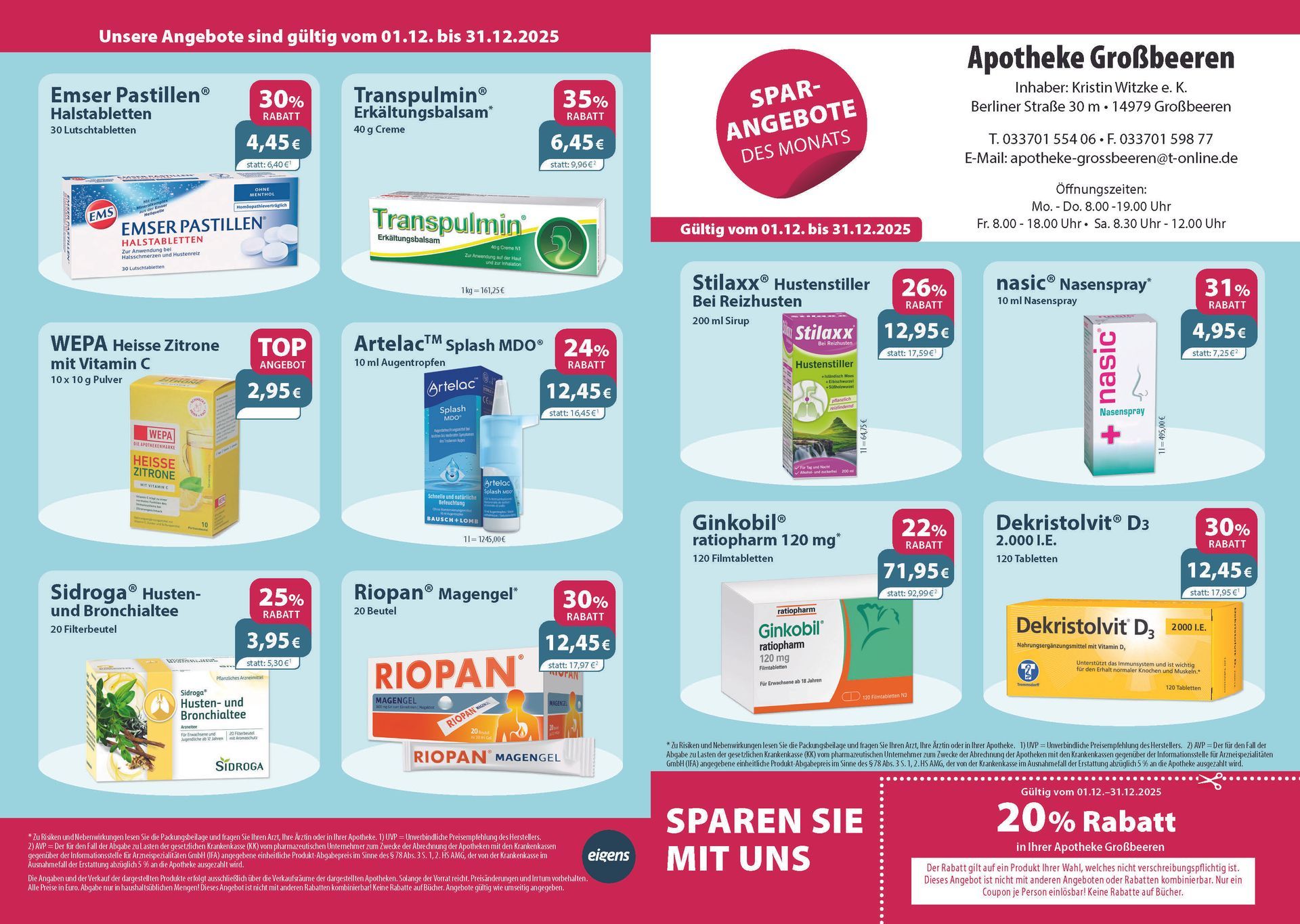 Ein Flyer für eine Apotheke mit einem Coupon, der 20 % Rabatt sagt