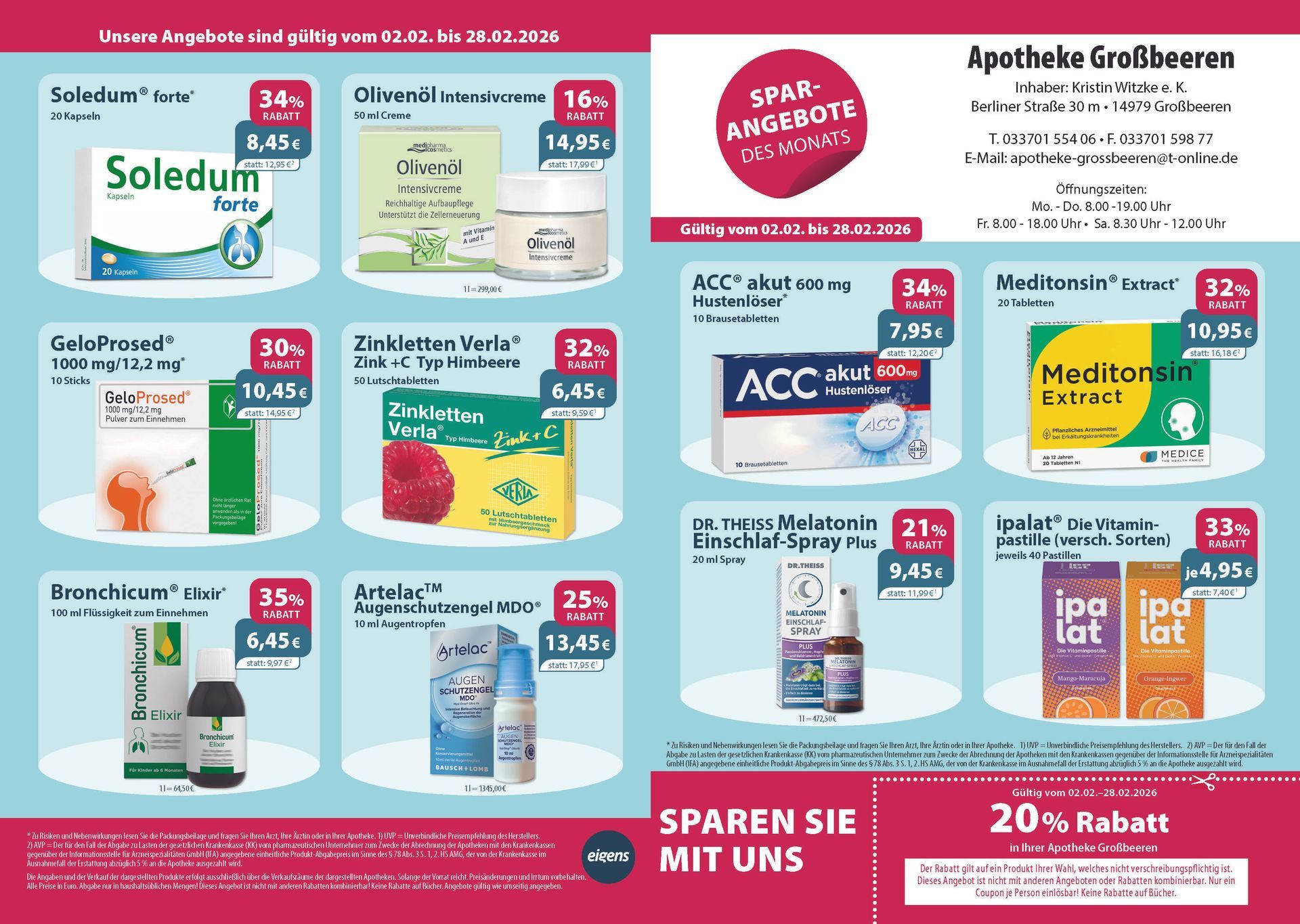Ein Flyer für eine Apotheke mit einem Coupon, der 20 % Rabatt sagt