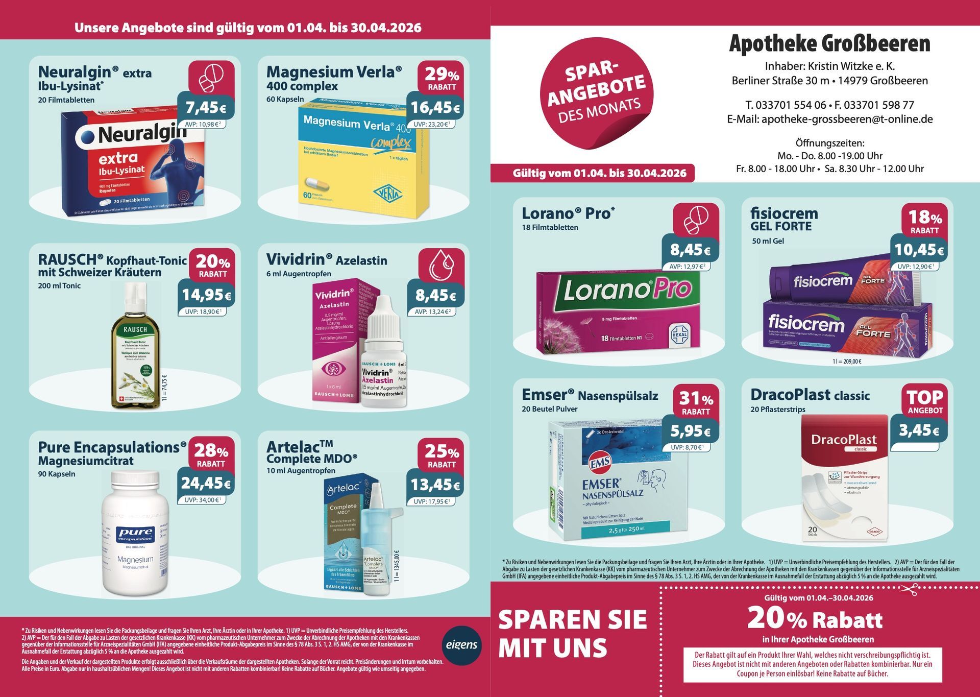 Ein Flyer für eine Apotheke mit einem Coupon, der 20 % Rabatt sagt