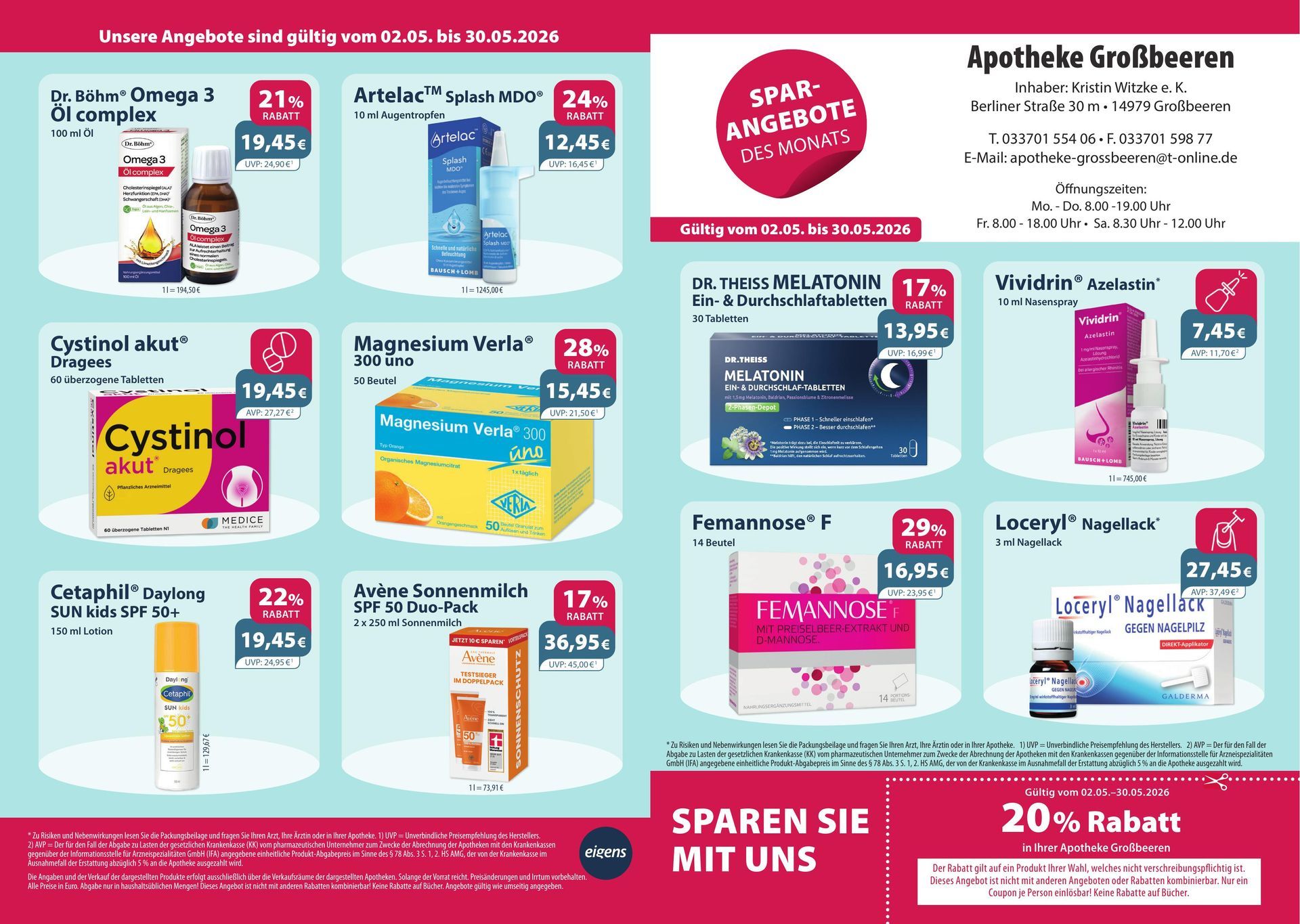 Ein Flyer für eine Apotheke mit einem Coupon, der 20 % Rabatt sagt