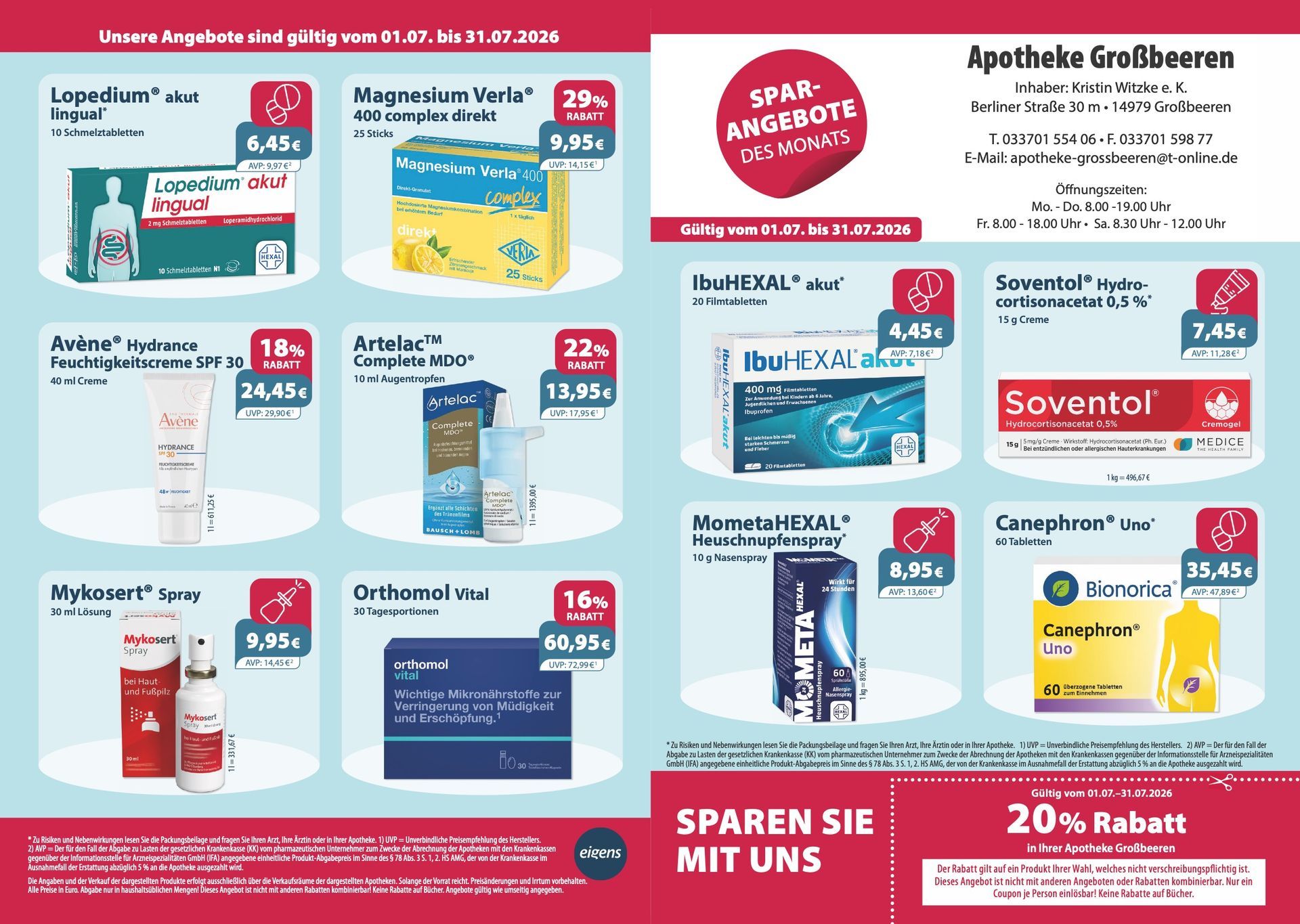 Ein Flyer für eine Apotheke mit einem Coupon, der 20 % Rabatt sagt