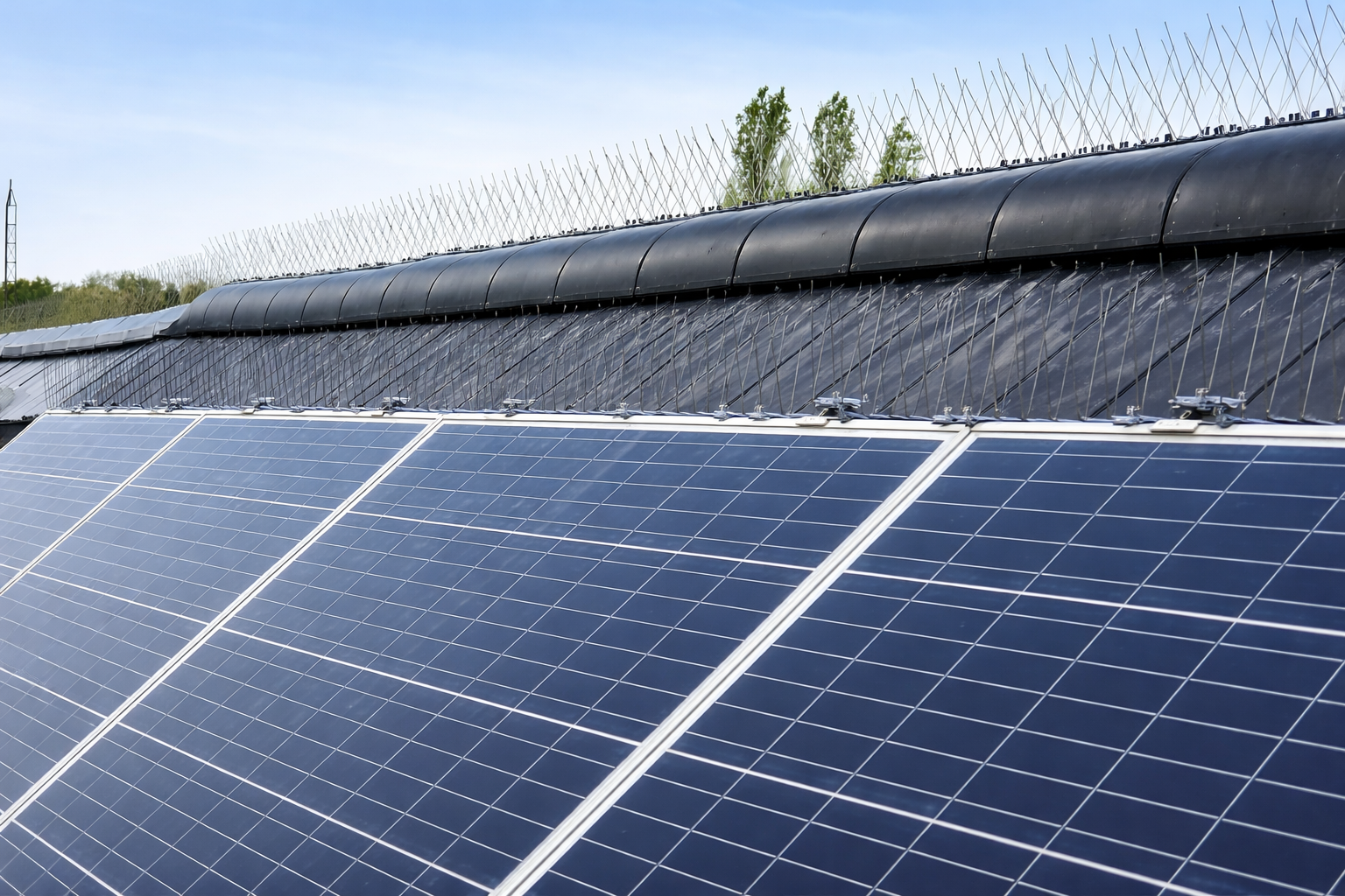 vogelwering voor zonnepanelen gecombineerd met vogelpinnen op het dak
