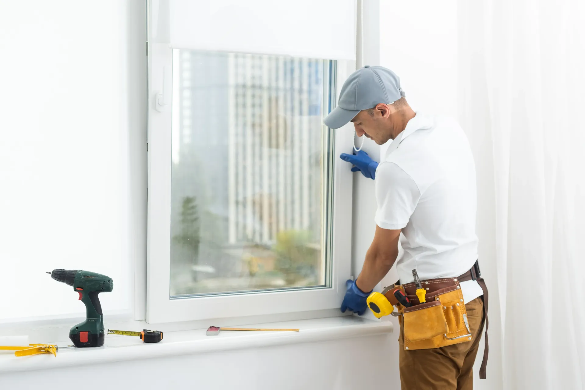A man is installing a window in a room.