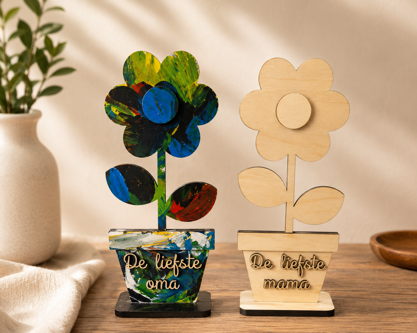 Twee decoratieve houten bloembordjes in potjes, waarvan één kleurrijk beschilderd en de andere onafgewerkt, op een tafelblad.