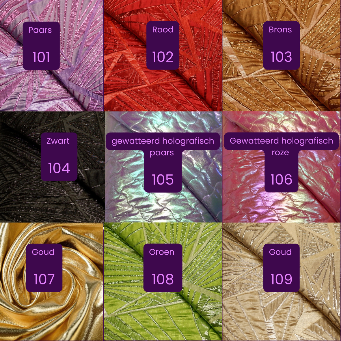 Negen glittertextuurstalen in paars, turquoise, goud en roze, elk voorzien van een nummer.