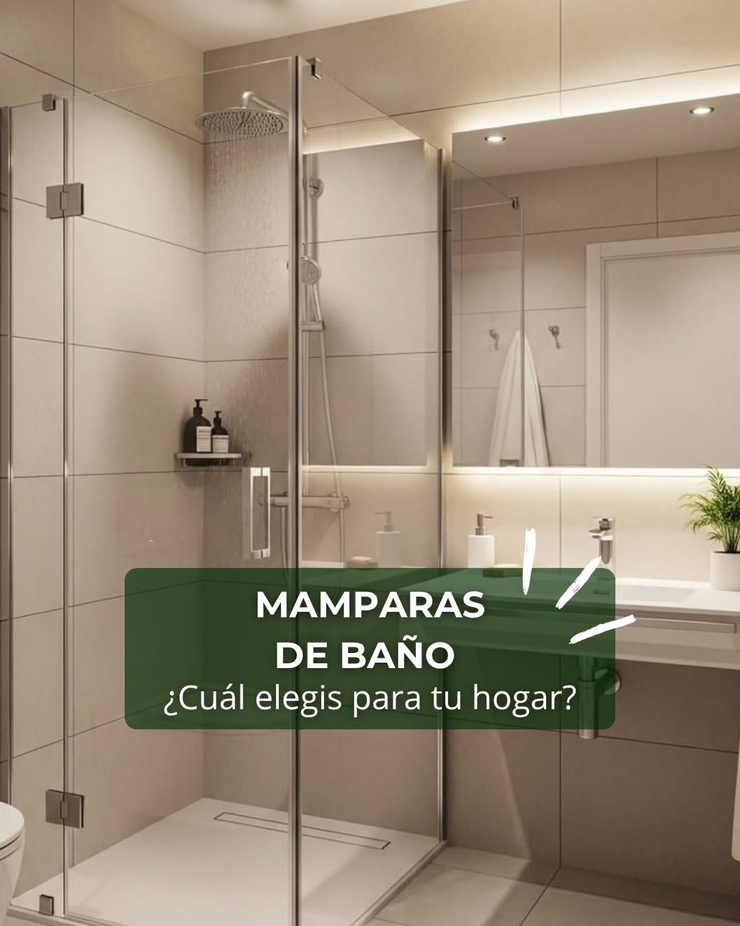 Baño moderno con mampara de vidrio y texto promocional “Mamparas de baño”.